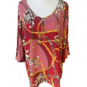 Tacera ladies blouse. 2X. NWOT. Equestrian Pattern red gold white